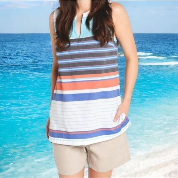 Tommy Bahama Ladies Aqua Blue Seaside Stripe Sleeveless Tunic Blouse Summer Top - Picture 2 of 11